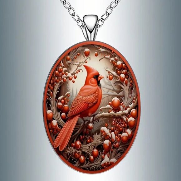 Silver Oval Shaped CARDINAL Pendant Necklace - Picture 1 of 6